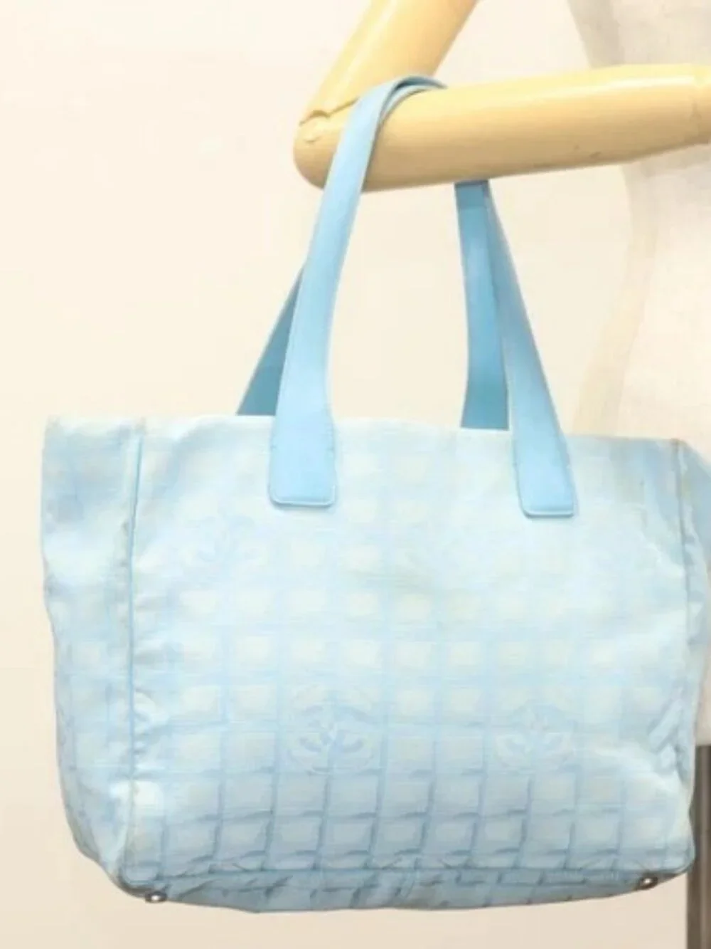 CHANEL New Travel line Tote Bag Light Blue Silver CC Auth 129655